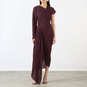 Model wearing Victoria Beckham Acai asymmetric one-shoulder ruched midi dress with draped skirt, styled with strappy heeled sandals.