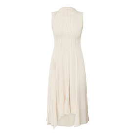 Victoria Beckham Pleated Asymmetric Dress in Elderflower, sleeveless midi with high neckline, all-over pleating and asymmetric hemline