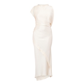 Ivory sleeveless midi dress with draped cowl neckline, wrap waist detail, and asymmetric hem