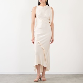 Model wearing sleeveless cream satin midi dress with ruffle hem detail, styled with nude strappy heeled sandals