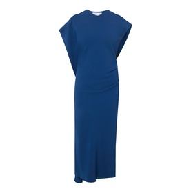 Victoria Beckham Dark Ocean blue midi dress in 100% viscose, featuring cap sleeves, ruched side detail and front split.