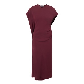 Victoria Beckham Victoria Draped Dress in Cinnabar Red, midi length with asymmetric sleeves, side gathered draping and fluid silhouette