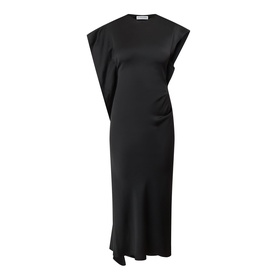Victoria Beckham black satin-finish midi dress with asymmetric draped shoulder and diagonal hem, acetate-viscose blend