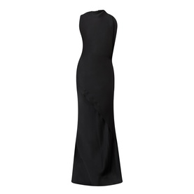 Victoria Beckham Kyra Draped Gown in black, sleeveless with draped neckline, side gathered detail and floor-sweeping maxi hem in crepe back satin