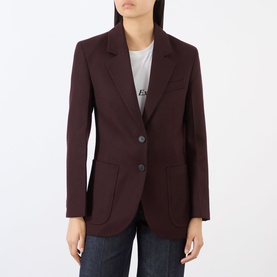 Model wearing Victoria Beckham Katherine Single-Breasted Blazer in Acai, notched lapels, two patch pockets, styled with white tee and jeans