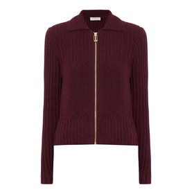 Victoria Beckham Zip Knitted Polo Sweater in Acai, ribbed wool-cashmere blend with polo collar and gold-tone front zip
