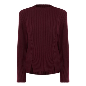 Burgundy ribbed knit jumper with crew neck, long sleeves, and side splits at hem