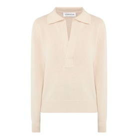 Victoria Beckham knit polo top in Elderflower, featuring a V-neck open collar and long sleeves, in a fine-knit finish.