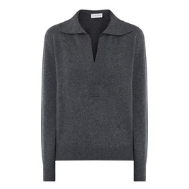 Victoria Beckham Genevieve Knitted Polo Sweater in Ore Melange, open polo collar with V-neckline, dropped shoulders, ribbed trims, wool-cashmere blend