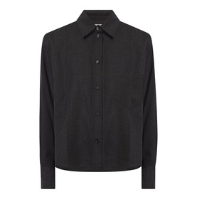 Black long-sleeve button-front shirt with point collar, chest pocket, and relaxed fit