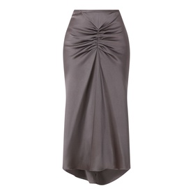 Victoria Beckham Skirt in Ore, satin midi length with ruched front detail and asymmetric dipped hem