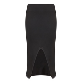 Black midi pencil skirt with front split and elasticated waistband, smooth fabric finish