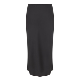 Black midi skirt with elasticated waistband and subtle flared hem, shown flat against white background