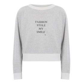 Victoria Beckham Grey Marl Fashion sweatshirt with "Fashion Stole My Smile" slogan print, ribbed cuffs and hem, cropped fit