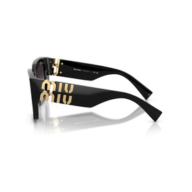 Miu Miu black sunglasses with bold gold logo lettering on temples, shown from side angle highlighting the signature branding detail