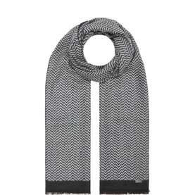 Bugatti grey herringbone scarf in 100% viscose with contrast black border and frayed edges, laid flat in loop style