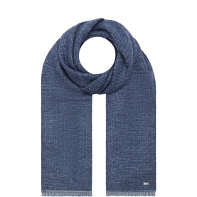 Bugatti blue textured knit scarf with frayed ends and small logo tab, in a waffle-knit weave