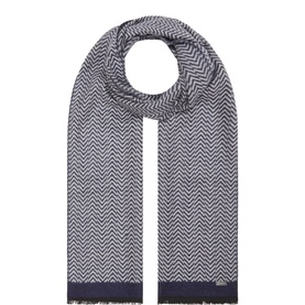 Bugatti navy herringbone scarf in 100% viscose with contrast fringe trim, laid flat to show full length pattern detail