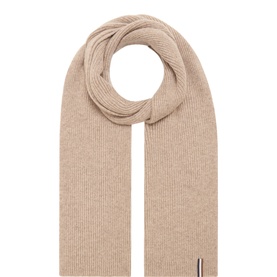 Bugatti taupe ribbed knit scarf with stripe tab detail, looped to show length and texture