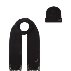 Bugatti black polyacrylic beanie hat and matching fringed scarf gift set with embroidered logo detail