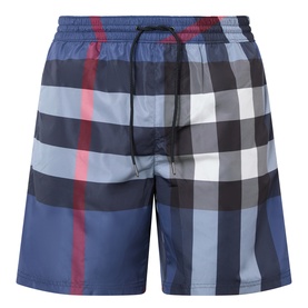 Burberry carbon blue IP check swim shorts with drawstring waist, bold house check pattern with red stripe detail