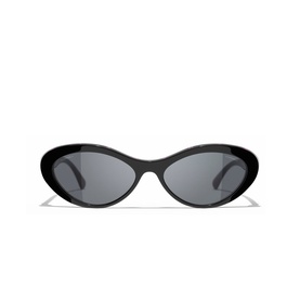 Chanel black oval cat-eye sunglasses with dark grey lenses and glossy acetate frame, front-facing view