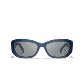 Chanel blue rectangular sunglasses with grey lenses and chunky acetate frame, front-facing view