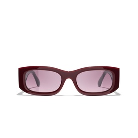 Chanel red rectangular sunglasses with burgundy tinted lenses and polished acetate frames, front view