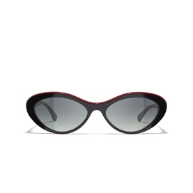 Chanel cat-eye sunglasses in dark red and black with gradient grey lenses, slim temples