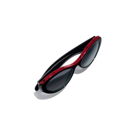 Black and red wrap-style sunglasses with dark tinted lenses and red accent stripe along the frame