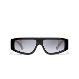 Black rectangular shield sunglasses with flat top brow bar, gradient grey lenses, and gold temple detail, front view