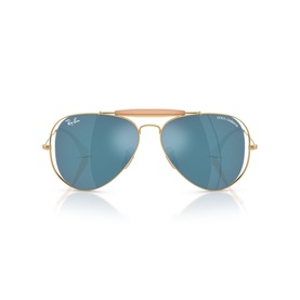 Ray-Ban aviator sunglasses with gold metal frame, tan brow bar, and mirrored blue lenses, front view
