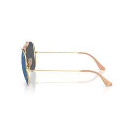 Ray-Ban octagonal sunglasses with gold metal frame, pink temples, and blue mirrored lenses, side profile view
