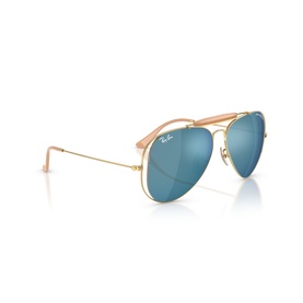 Ray-Ban aviator sunglasses with gold frames, nude bridge detail, and blue mirrored lenses, angled three-quarter view