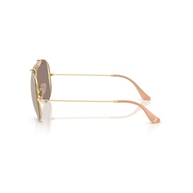 Ray-Ban oversized round sunglasses in gold-tone metal frame with pink temples and light pink lenses, side profile view