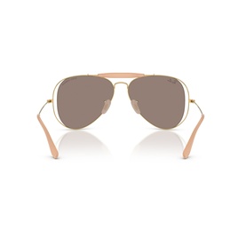Ray-Ban aviator sunglasses, rear view showing gold metal frame, double bridge, and nude pink temple tips with brown lenses