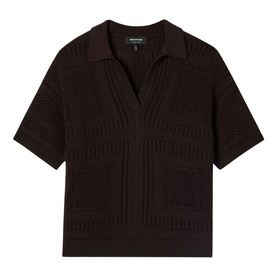 Whistles brown open-collar short-sleeve knit top with textured crochet stitch detail and patch pockets
