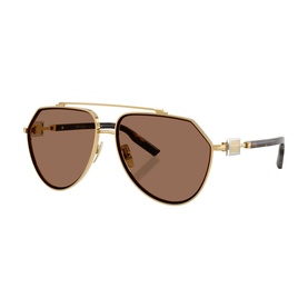 Dolce & Gabbana gold aviator sunglasses with brown lenses, double bridge, and tortoiseshell temples with crystal detail