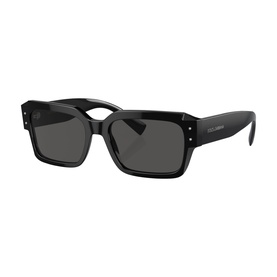Dolce & Gabbana black rectangular acetate sunglasses with dark grey lenses and subtle stud detail on temples