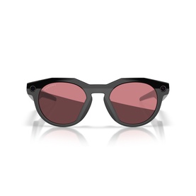 Oakley black round-frame sunglasses with dark rose tinted lenses, front-facing view