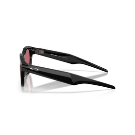 Oakley black sunglasses, side profile view showing angular frame, slim temples with small logo detail and rose-tinted lenses