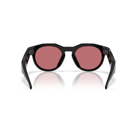 Oakley black sunglasses, rear view showing rounded frames with rose-tinted lenses and matte black temples