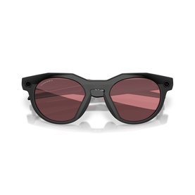 Oakley black round sunglasses with dark rose lenses and smooth acetate frame, front view