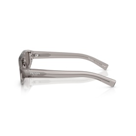 Prada grey sunglasses, side profile view showing transparent acetate frame and silver-tone temple arm with engraved logo