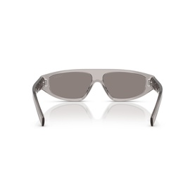 Prada grey sunglasses, rear view showing temple arms and mirrored lenses with wraparound silhouette