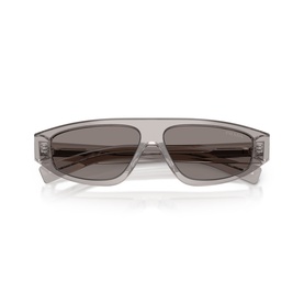 Prada grey transparent rectangular sunglasses with flat top bar, dark tinted lenses and slim temples, front view