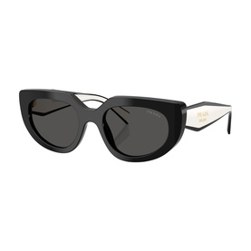 Black cat-eye sunglasses with dark grey lenses, double bridge detail, and gold-toned temple arms with logo lettering