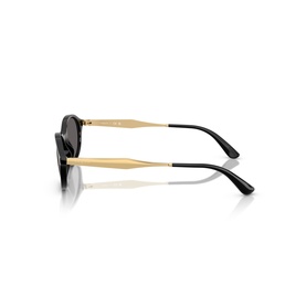 Black and gold sunglasses shown from the side, featuring black acetate front and slim gold metal temples with black tips.