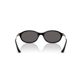 Black oval sunglasses rear view showing gold-tone temple hinges and dark grey lenses