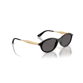 Black oval sunglasses with gold metal temples and dark grey lenses, angled product view
